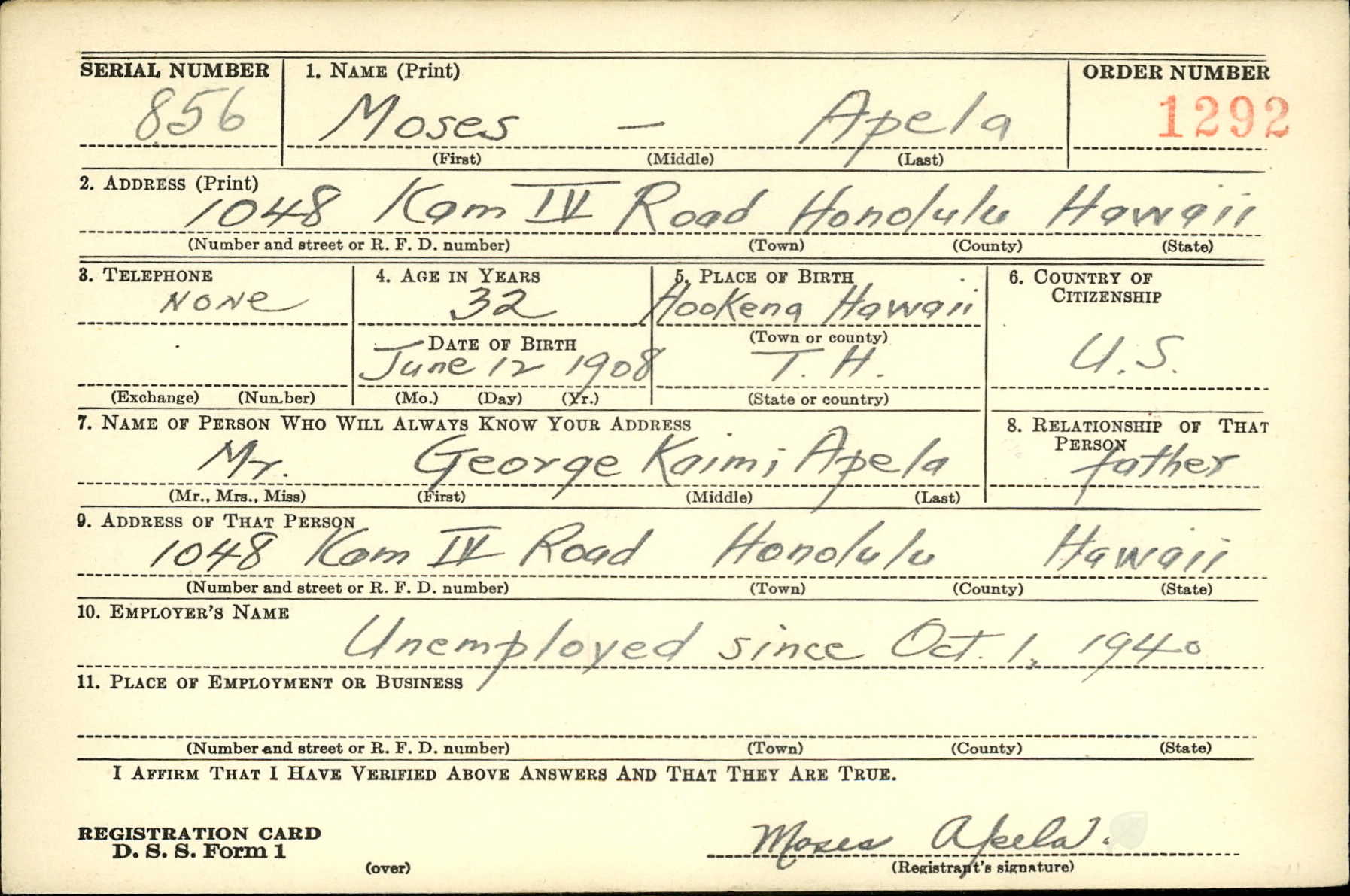 Ww2 Draft Note Moses Moke Apela - NHD Silent Heroes