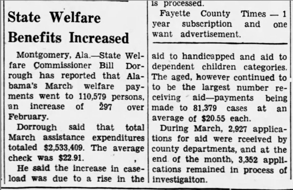 Newspaper article describing the economic needs of Alabama residents.