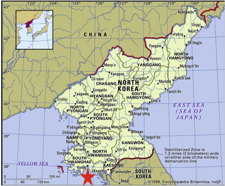 A map of North Korea showing the location of Haeju Bay.