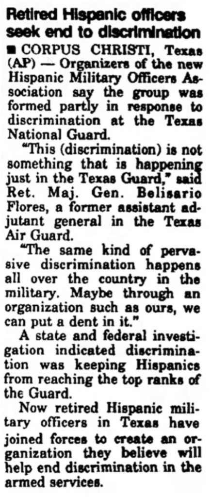 1994 Newspaper article discussing Flores forming an organization with other retired Hispanic officers to combat military discrimination.