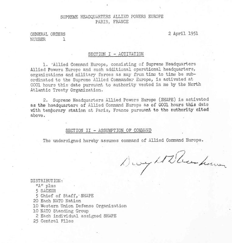 A government document laying out the activation of the Supreme Headquarters Allied Powers Europe organization.