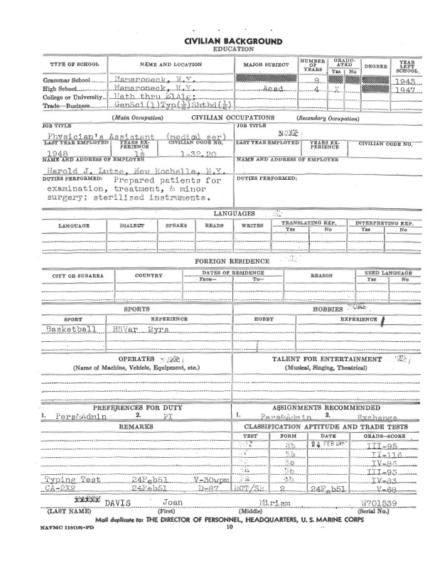 Davis preservice educational and occupational record.