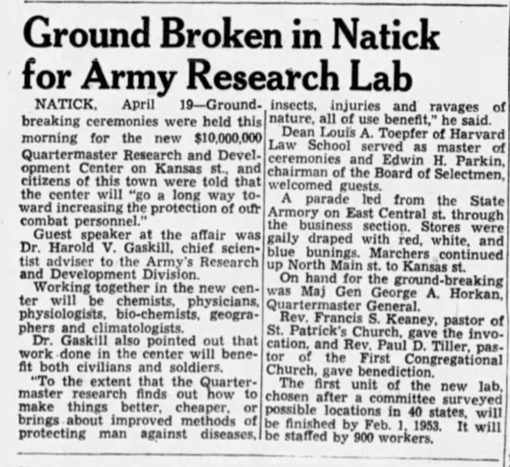 Article titled, "Ground Broken in Natick for Army Research Lab."