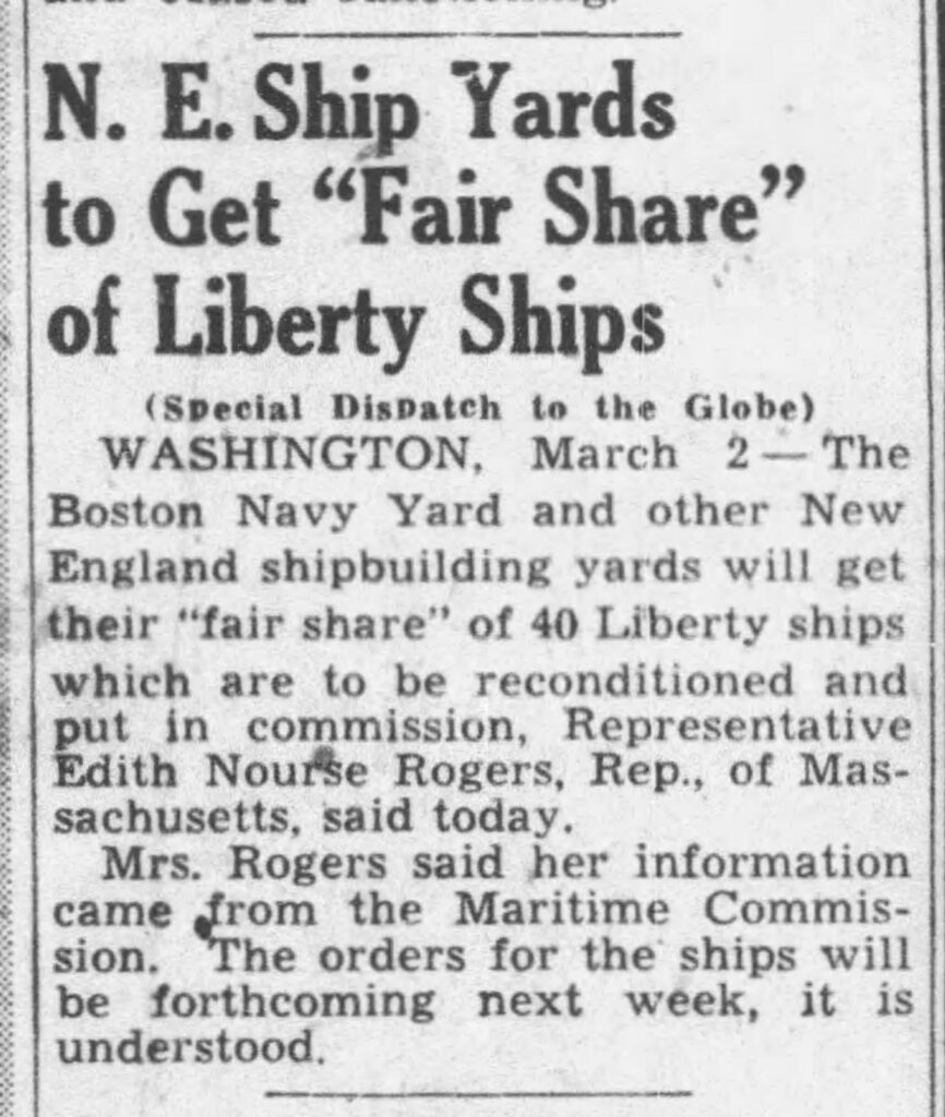 Article about role of Boston ship yards in war. 