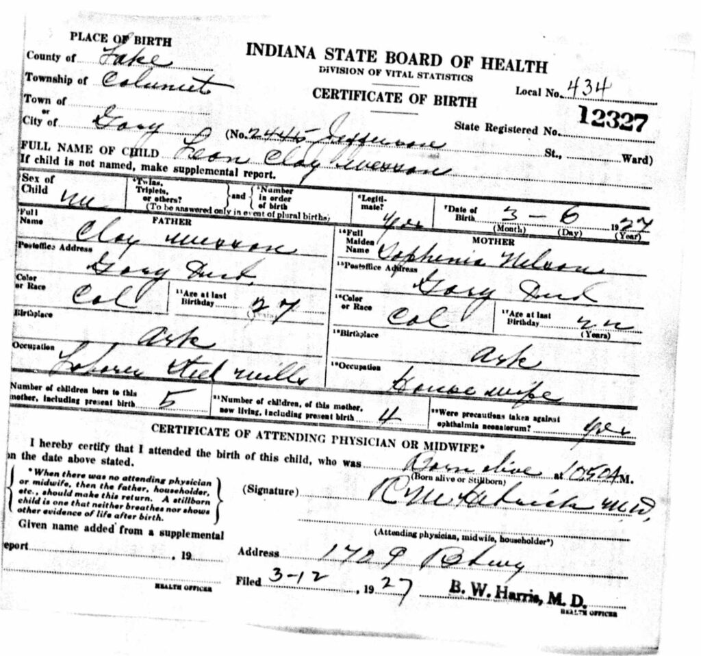 A document filled in with information from Wesson’s birth.