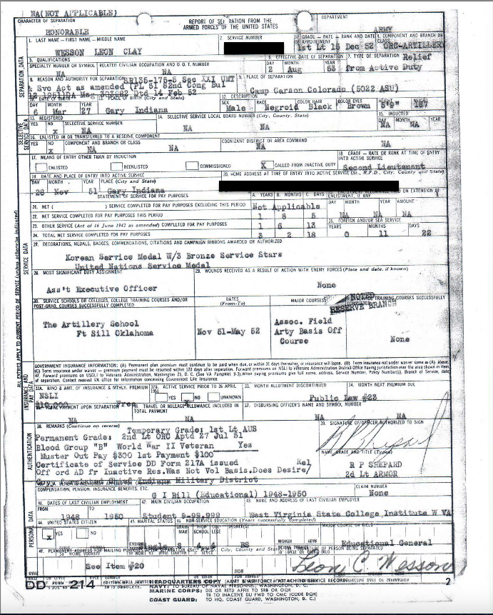 Wesson's report of separation from the military after his time in Korea. It shows his rank, unit, medals, and schooling.