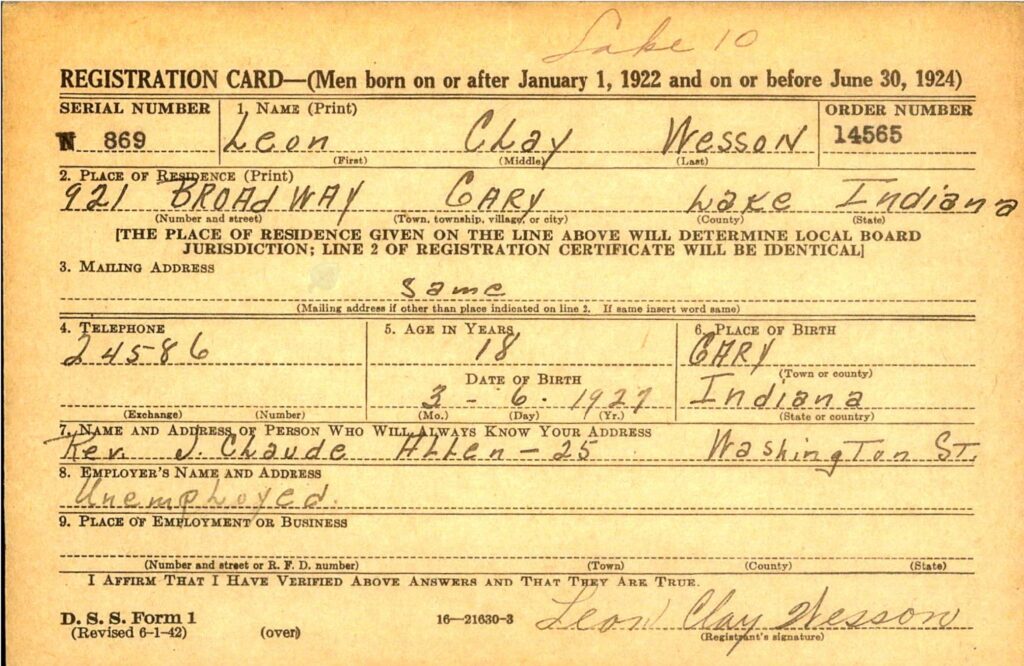 A small index card filled in with information about Wesson such as his address, telephone number, age, and next of kin.