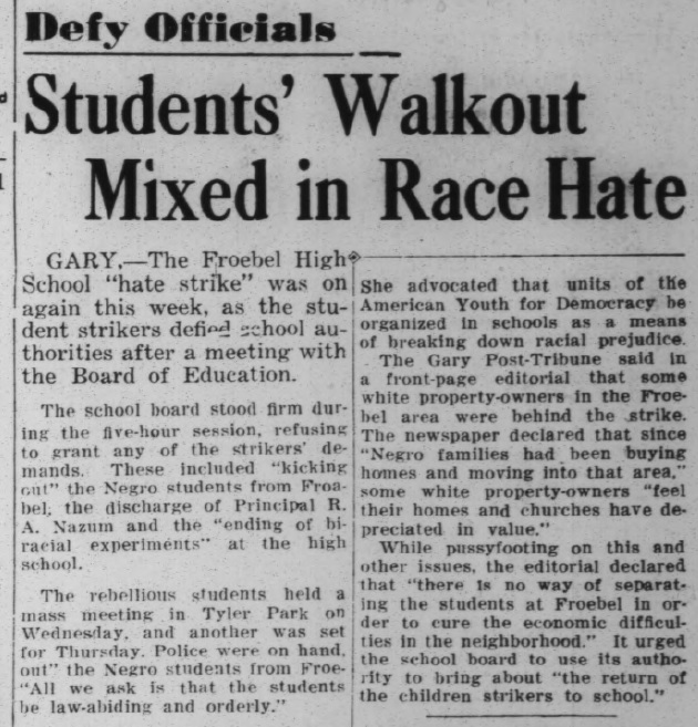 A newspaper headline that reads, "Students' Walkout Mixed in Race Hate."