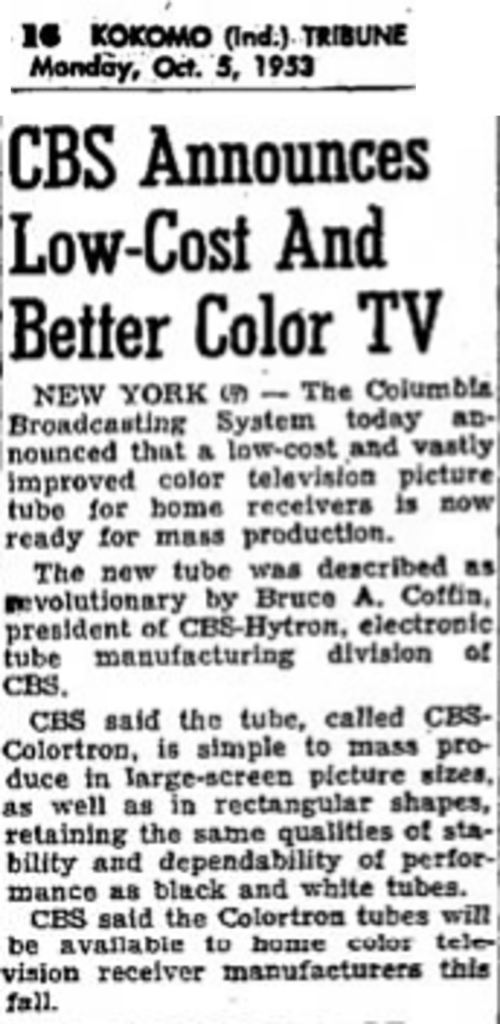 A newspaper headline titled, "CBS Announces Low-Cost and Better Color TV."