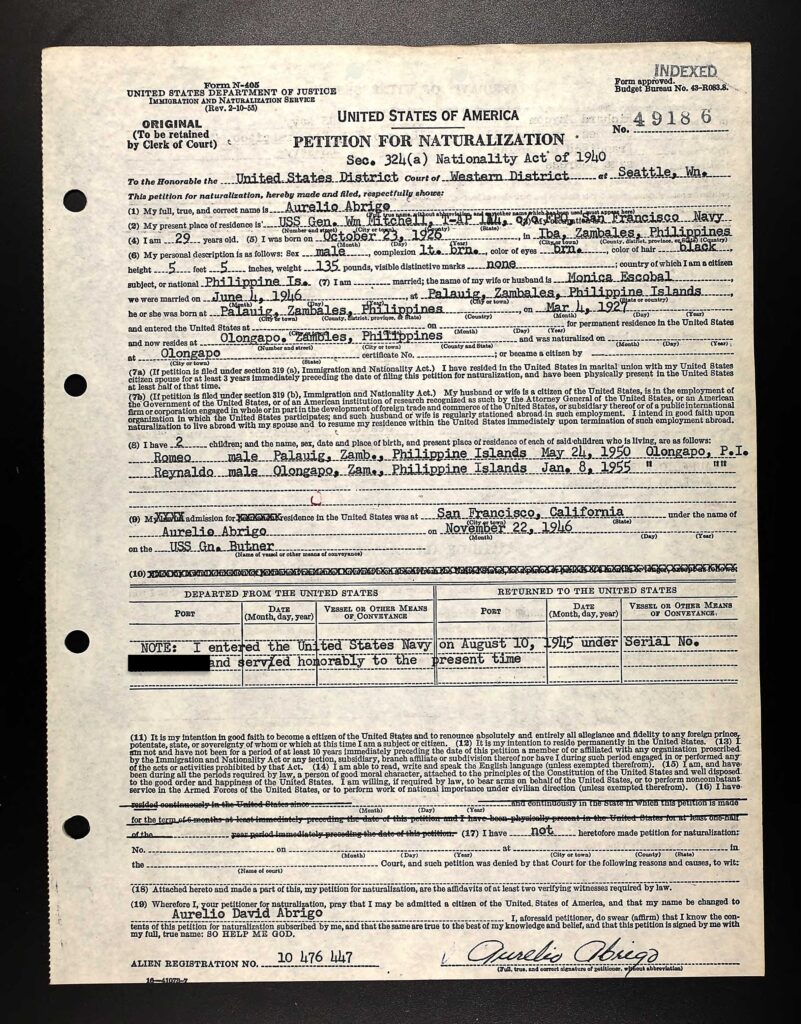 Application showing Abrigo’s request for him and his family to become naturalized U.S. citizens.