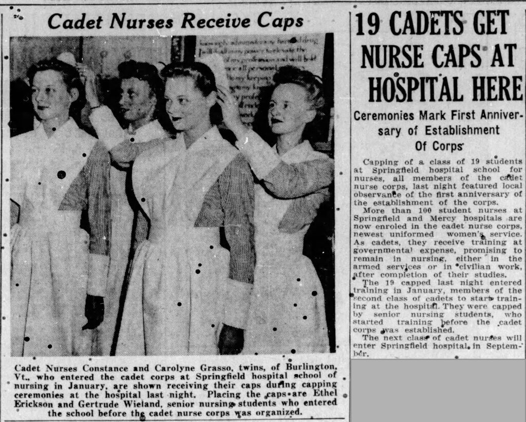 Newspaper article with headline, "19 Cadets Get Nurse Caps at Hospital Here," and a photo showing four women with two getting their caps.