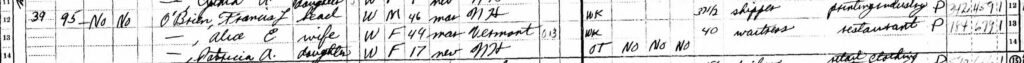 Short lined excerpt from the 1950 census with demographic information about the O'Brien family.