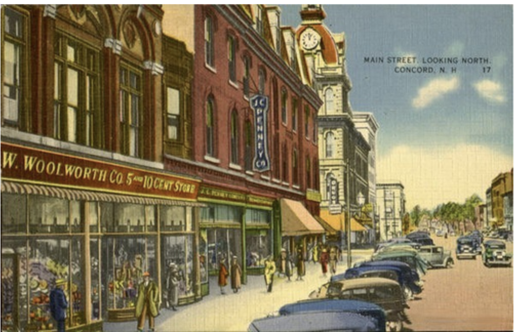 Postcard showing downtown businesses titled "Main Street Concord."