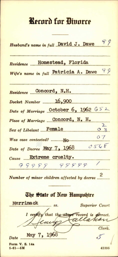 Document titled "Divorce Decree" pertaining to Patricia Dawe and her husband.
