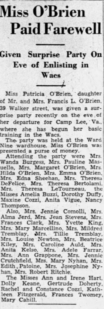 Newspaper article titled, “Miss O’Brien Paid Farewell: Given Surprise Party on Eve of Enlisting WACs.”.