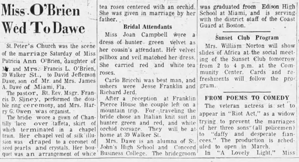 Newspaper article titled, “Miss O’Brien Wed to Dawe.”