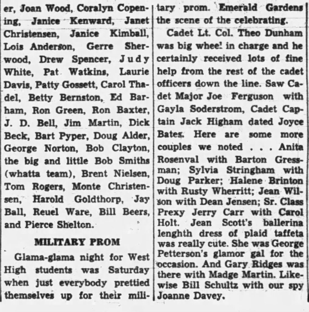 Excerpt from a newspaper article that lists Gressmen as attending the military prom.