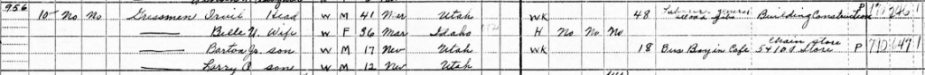 A snippet of the 1950 Census showing Gressmen, his parents, and sibling in Salt Lake City.