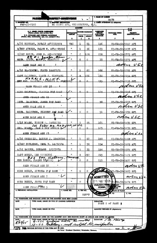 A typed paper with multiple passengers listed, as well as their luggage weight and total weight.