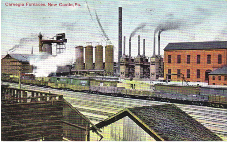 A postcard image of the Carnegie furnances and smokestacks in the background. In the middle is a train and empty tracks.
