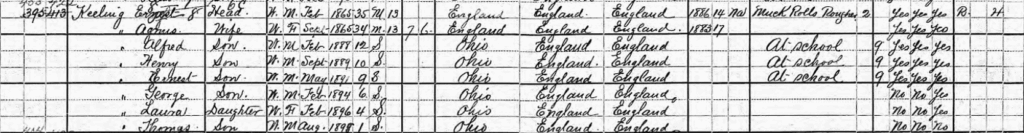 A snippet of the 1900 Census book showing all eight members of the Keeling family.
