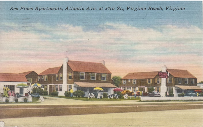 A drawn, colored postcard of several residential apartment buildings.