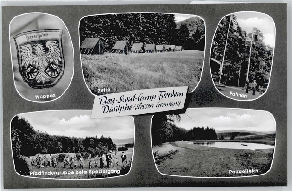 Postcard showing five different views of a camp.