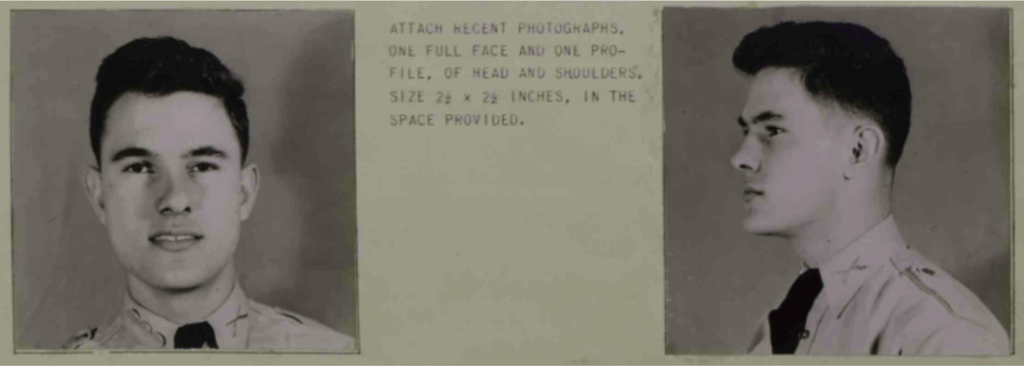 Two black and white headshot images of a White male in uniform. One is looking straight at the camera. One is looking to his right.