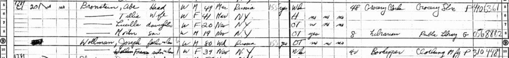 Lined excerpt from the 1950 Census showing information on the Bronstein family.