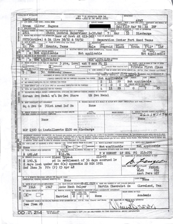 A typed piece of paper containing information about Brown’s military service.