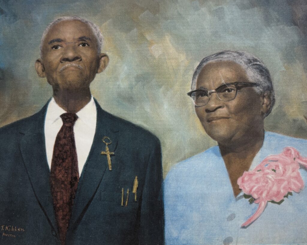 A colored, drawn portrait featuring an elderly Black man on the left in a dark suit and tie. He has a cross affixed to his label. The elderly Black woman on the right is wearing a light blue dress with a large pink flower buttoned on it.