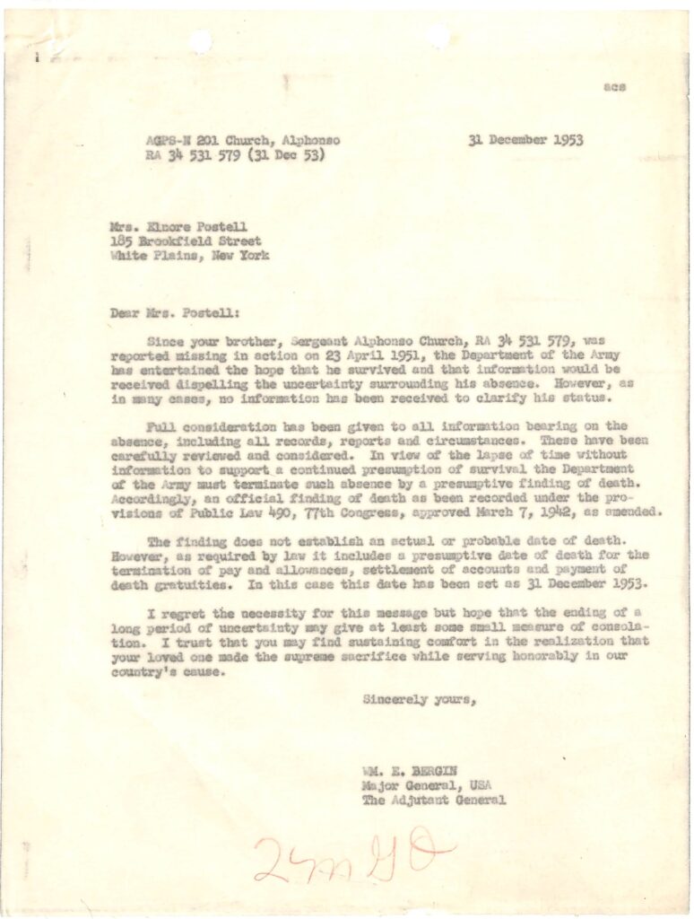 Letter from US Army to family