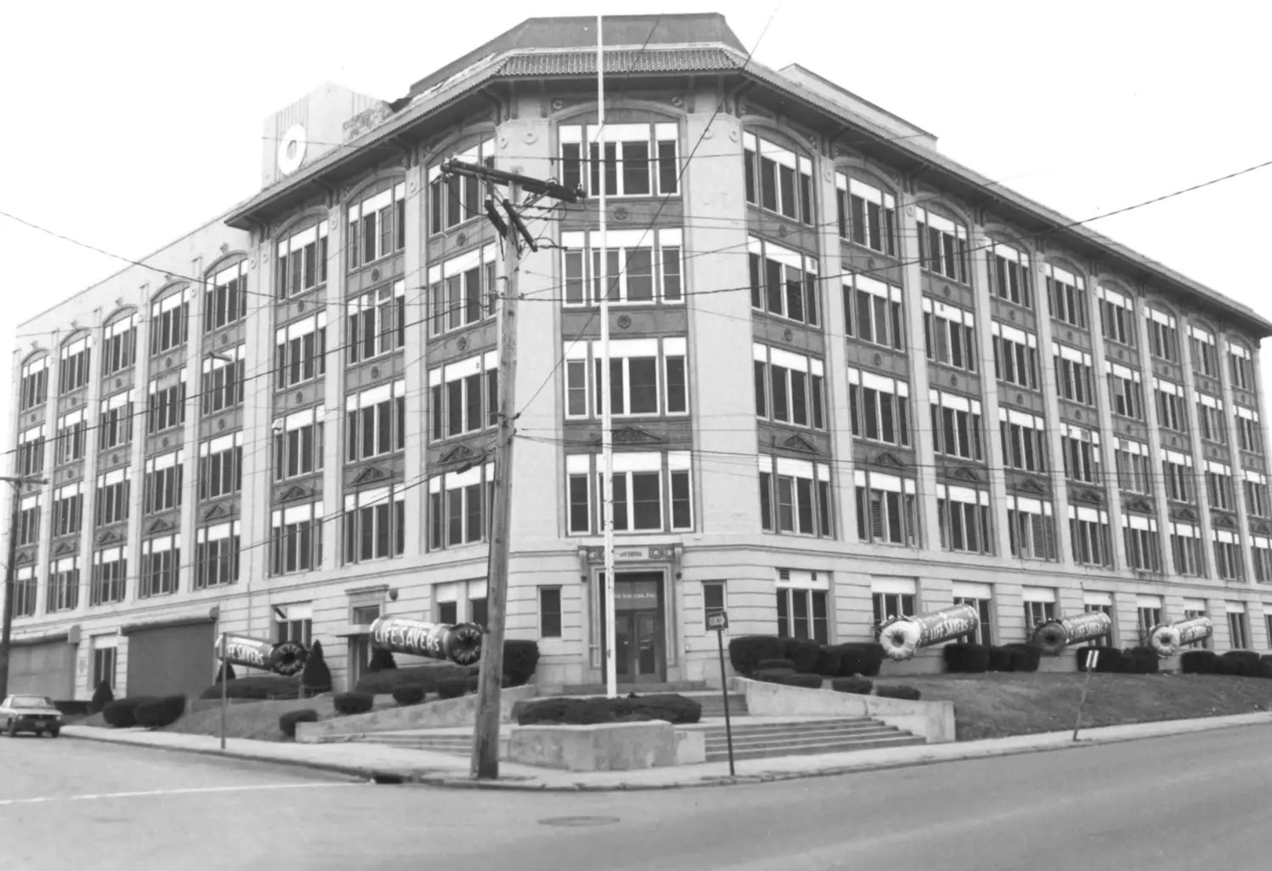 Black and white photo of the Life Saver factory.
