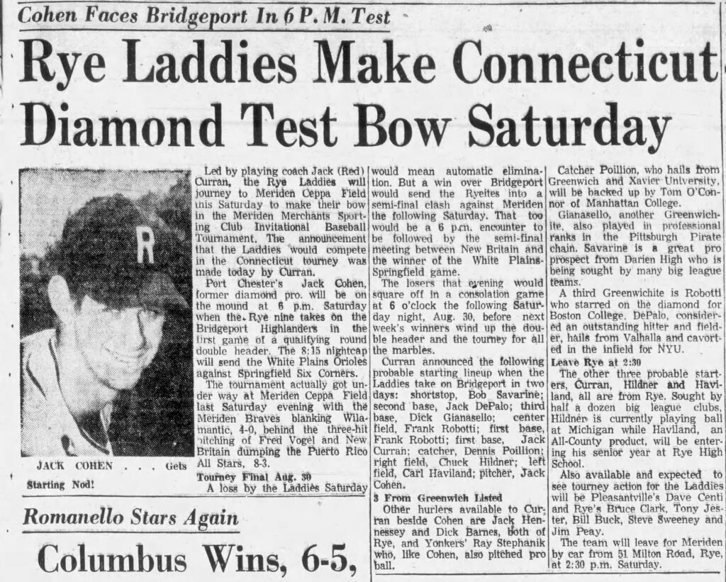 Newspaper article titled, "Cohen Faces Bridgeport in 6 PM Contest."