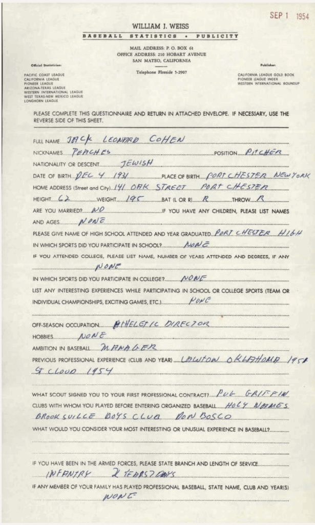 A questionniare fill-out by Jack Cohen for a Baseball Statistics publication.
