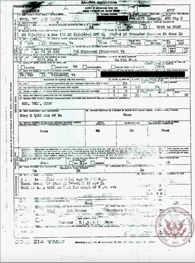A typed page with information about Frye's military service.