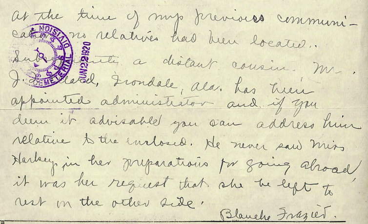 A handwritten note from Blanche Frazier.
