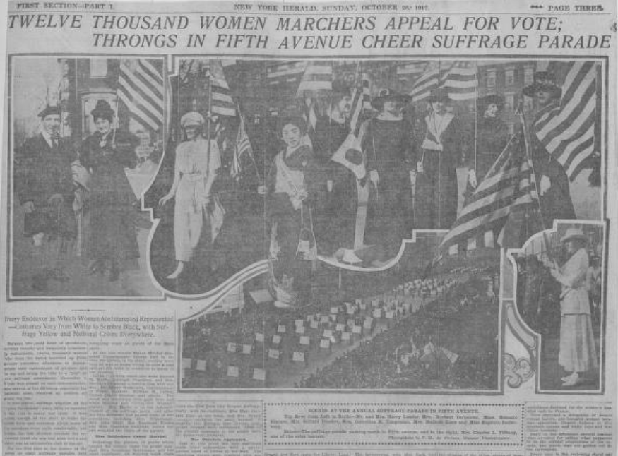 A newspaper headline reading, “Twelve Thousand Women Marchers Appeal for Vote; Throngs in Fifth Avenue Cheer Suffrage Parade.”