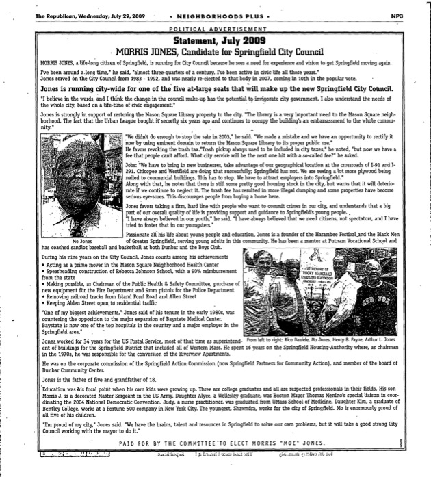 A full-page black and white newspaper advertisement put out by candidate Jones for City Council.