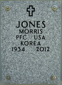 A close up on a gray marble grave inscription reading 'Jones Morris PFC USA Korea 1954 2012"