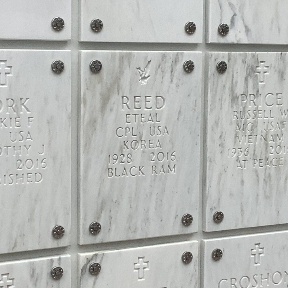 Eteal Reed's columbarium niche with the inscription, "Black Ram."