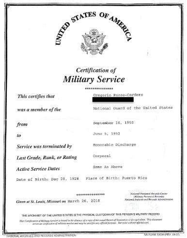 Gregorio Russe-Cordero's certificate of military service.