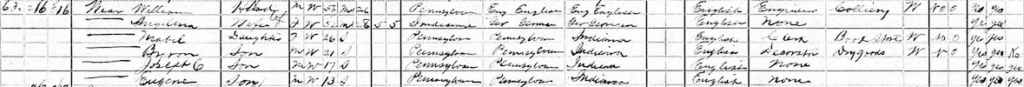 A snippet from the 1910 Census showing Eugene, his two brothers, one sister, and parents.