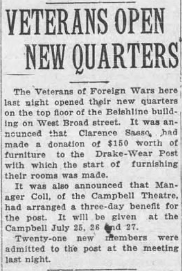 Newspaper article entitled “Veterans Open New Quarters.”