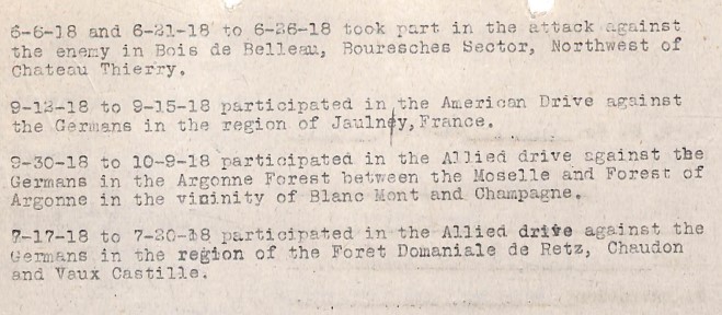 A typewritten list of military actions from July 1918 to October 1918.
