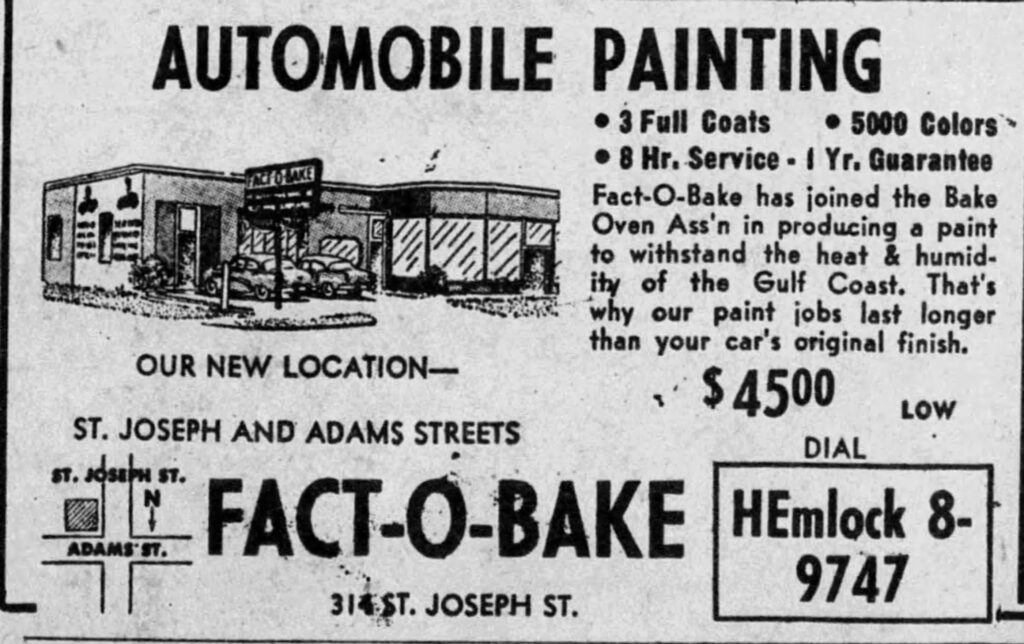 Newspaper advertisement that shows a hand-drawn image of a car garage with two cars outside. It also shows a small map with the location of the garage. The right-side of the ad lists the services and price.