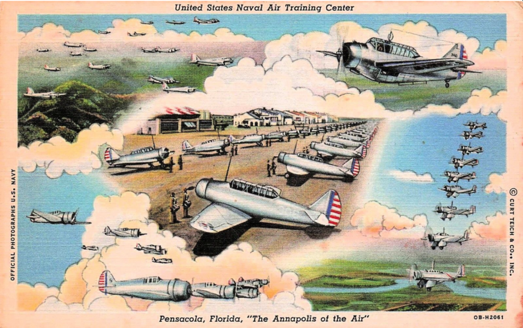 A color drawn postcard featuring multiple scenes showcasing airplanes in flight over Florida. 