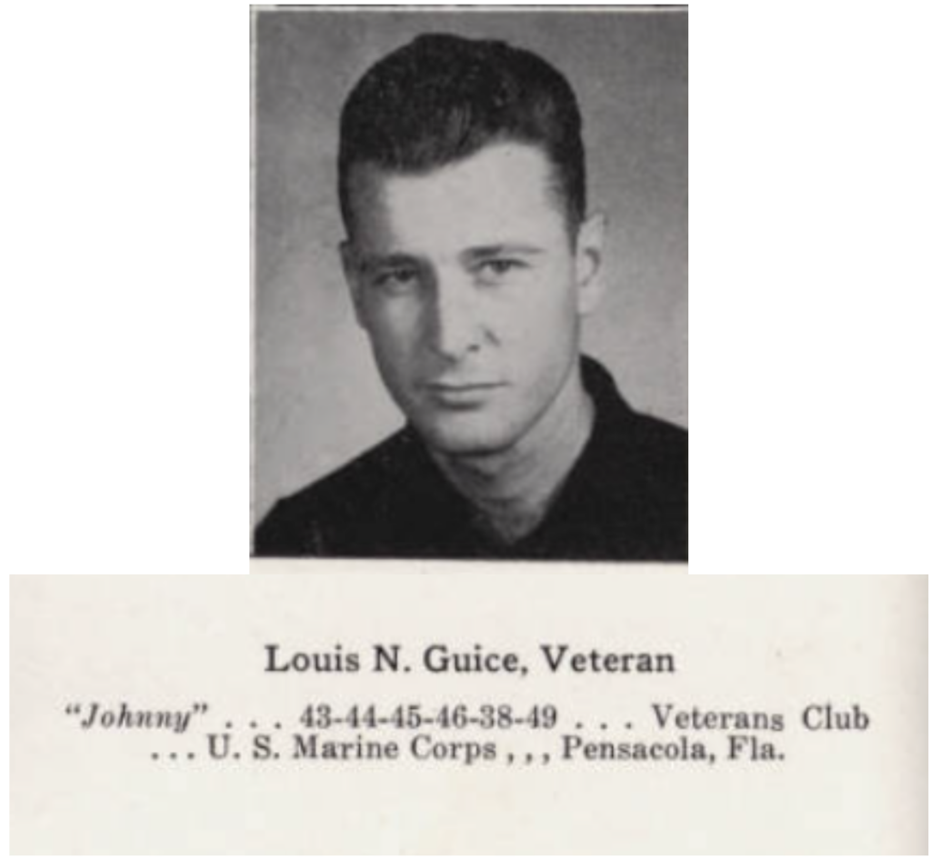 A black and white headshot of a young man looking into the color wearing a dark colored shirt. Underneath is the following text: “Louise N. Guice, Veteran - ‘Johnny’ …43-44-45-46-38-49 …Veterans Club … U.S. Marine Corps … Pensacola, Fla.”
