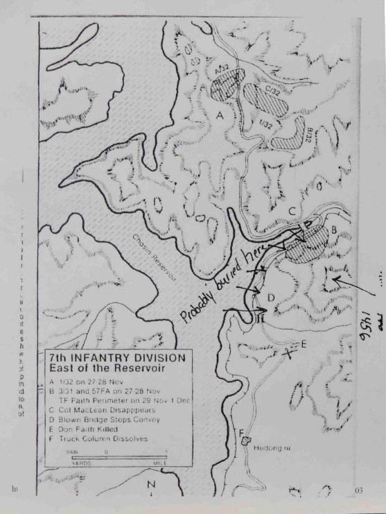 A black and white map showing the 7th Infantry Division’s location east of the reservoir. There are arrows pointing to probable burial sites. 