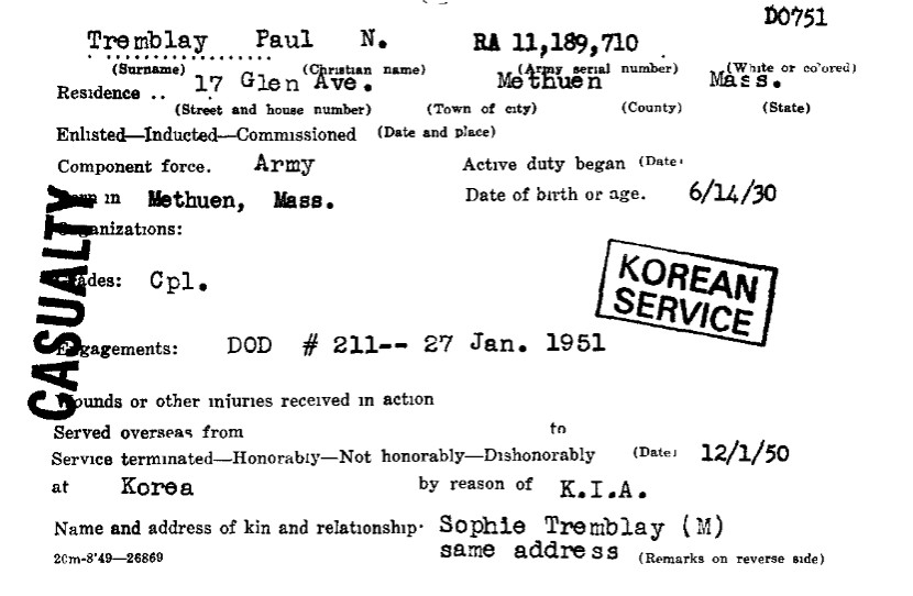 A typewritten card with information about Tremblay, including his date of death, date of birth, and address. 